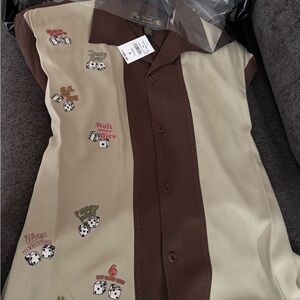 NWT Nat Nast Brown and Cream Shirt with Embroidery 100% Silk Dice gamble Vegas
